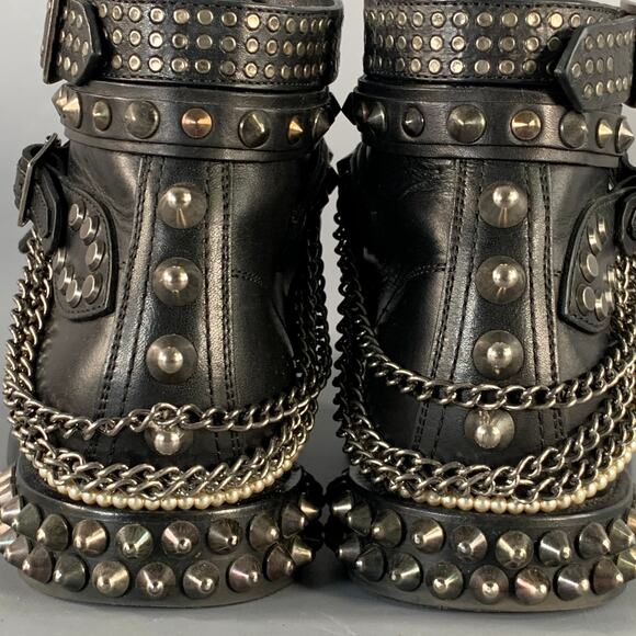 SAINT LAURENT Size 6.5 Black Studded Leather Lace-Up Belted Boots - Picture 4 of 10